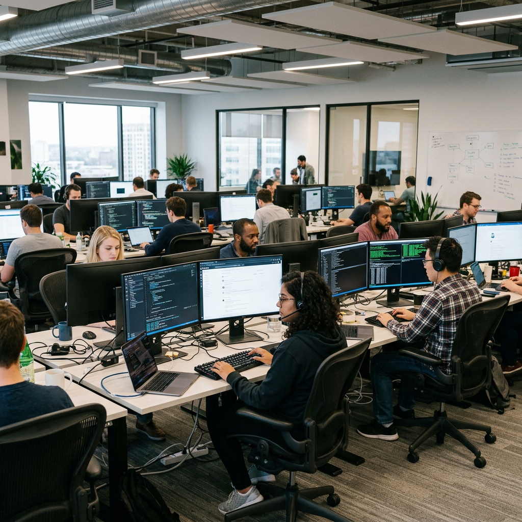 Tech professionals working at desks with multiple computer screens in an open office