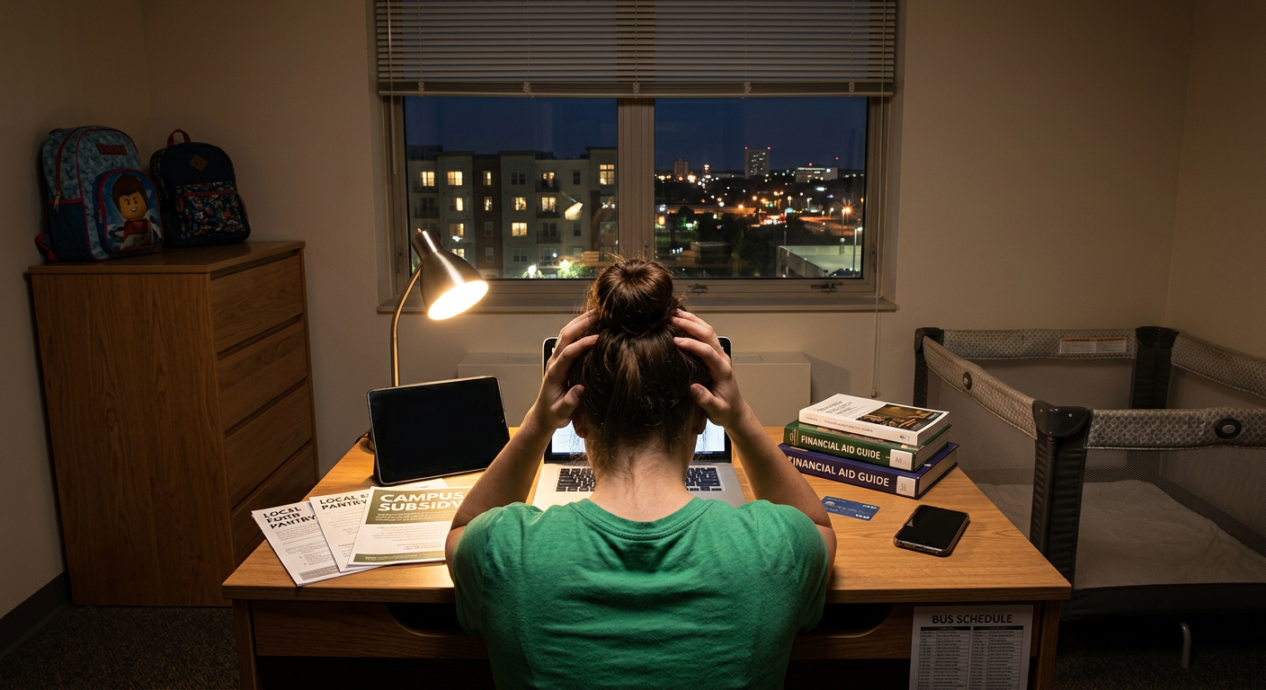 Stressed student working on laptop at cluttered desk with sleeping child in background