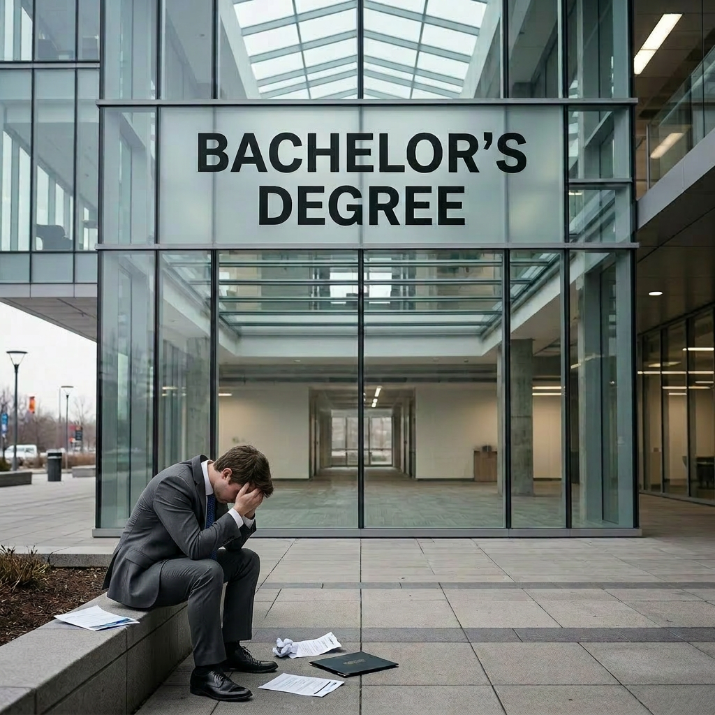 Seven professionals standing and looking up at a 'Bachelor's Degree' sign in an office environment